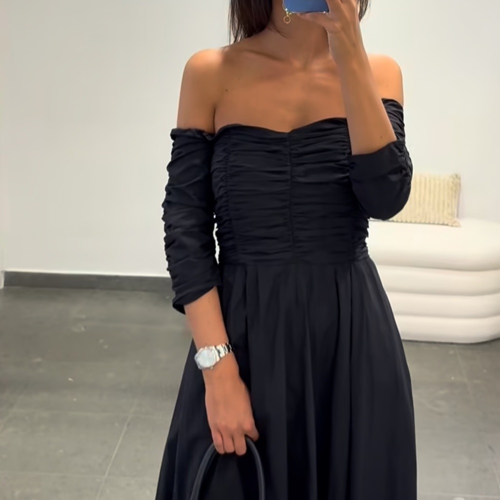 DOROTHEE SCHUMACHER poplin power midi off the shoulder dress in black